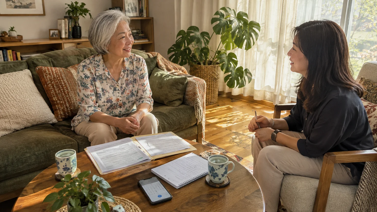 A senior woman sits on a sofa discussing paperwork with a woman holding a pen across a wooden coffee table.