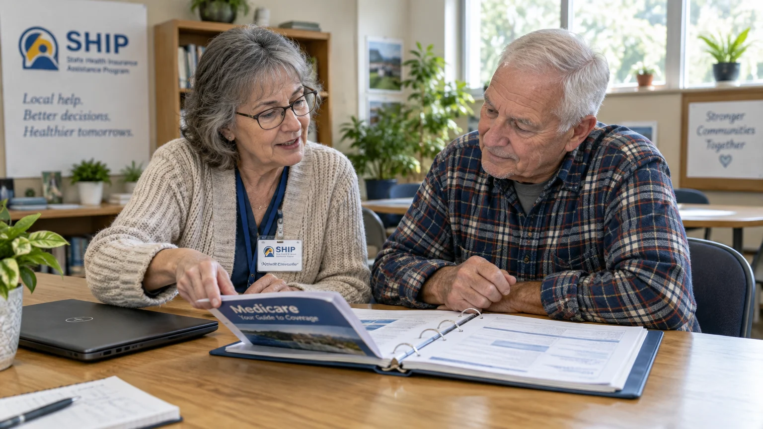 A female counselor with a SHIP badge reviews a Medicare binder with an older man seated at a wooden table.