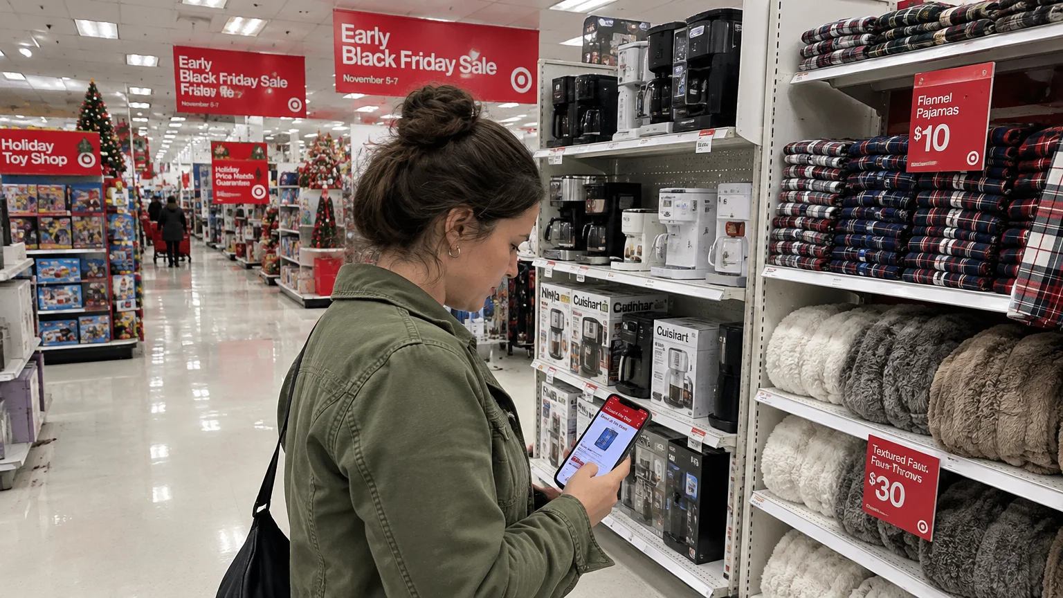 Woman looking at a smartphone in a Target aisle near shelves of coffee makers and Early Black Friday Sale banners.