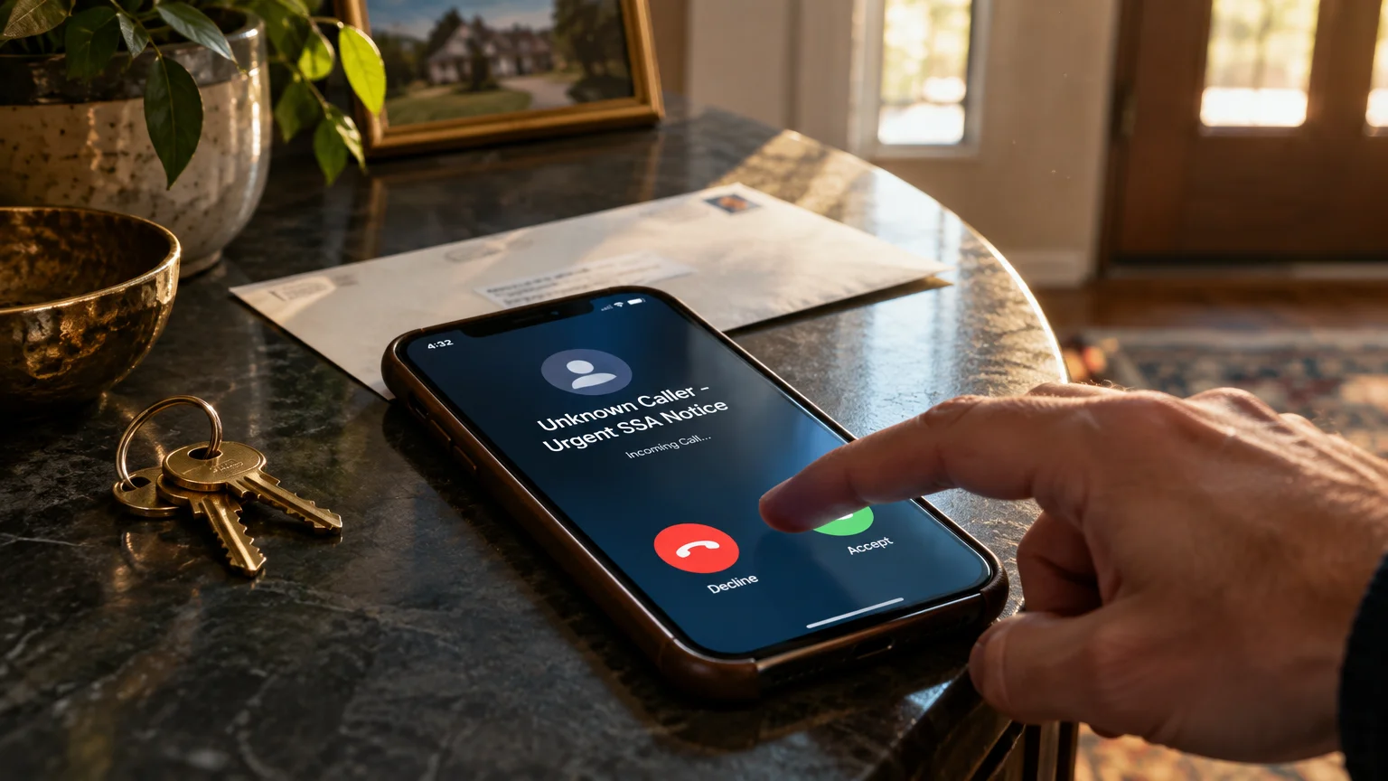 A finger hovers over an incoming phone call labeled Unknown Caller - Urgent SSA Notice on a table next to mail.