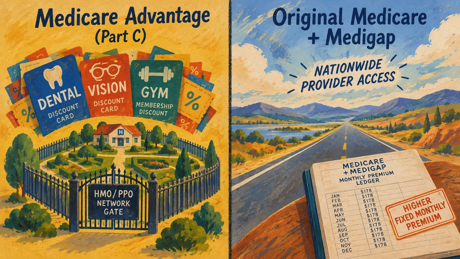 Split illustration contrasting a gated HMO clinic under Medicare Advantage with an open highway under Medigap.