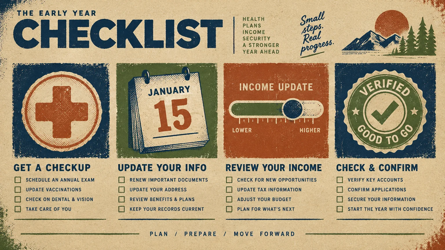 Screenprint graphic checklist detailing early year health, income, and verification tasks beside a January 15 calendar.