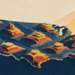 Screenprint illustration of the continental United States map with ten stepped, rocky plateaus rising from different regions.