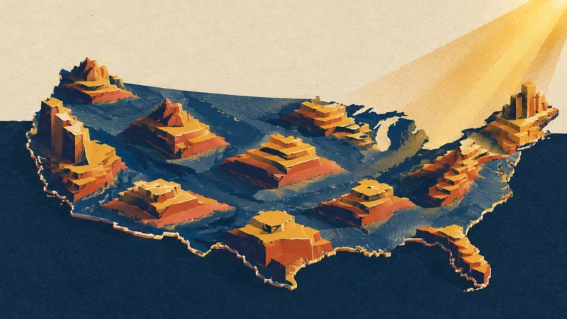 Screenprint illustration of the continental United States map with ten stepped, rocky plateaus rising from different regions.