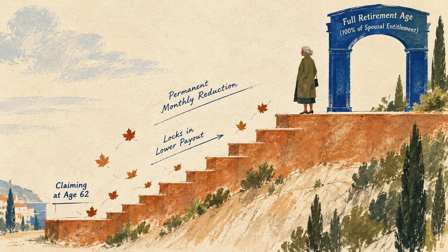 Illustration of an older woman standing before a blue arch atop hillside stone steps labeled with retirement ages.
