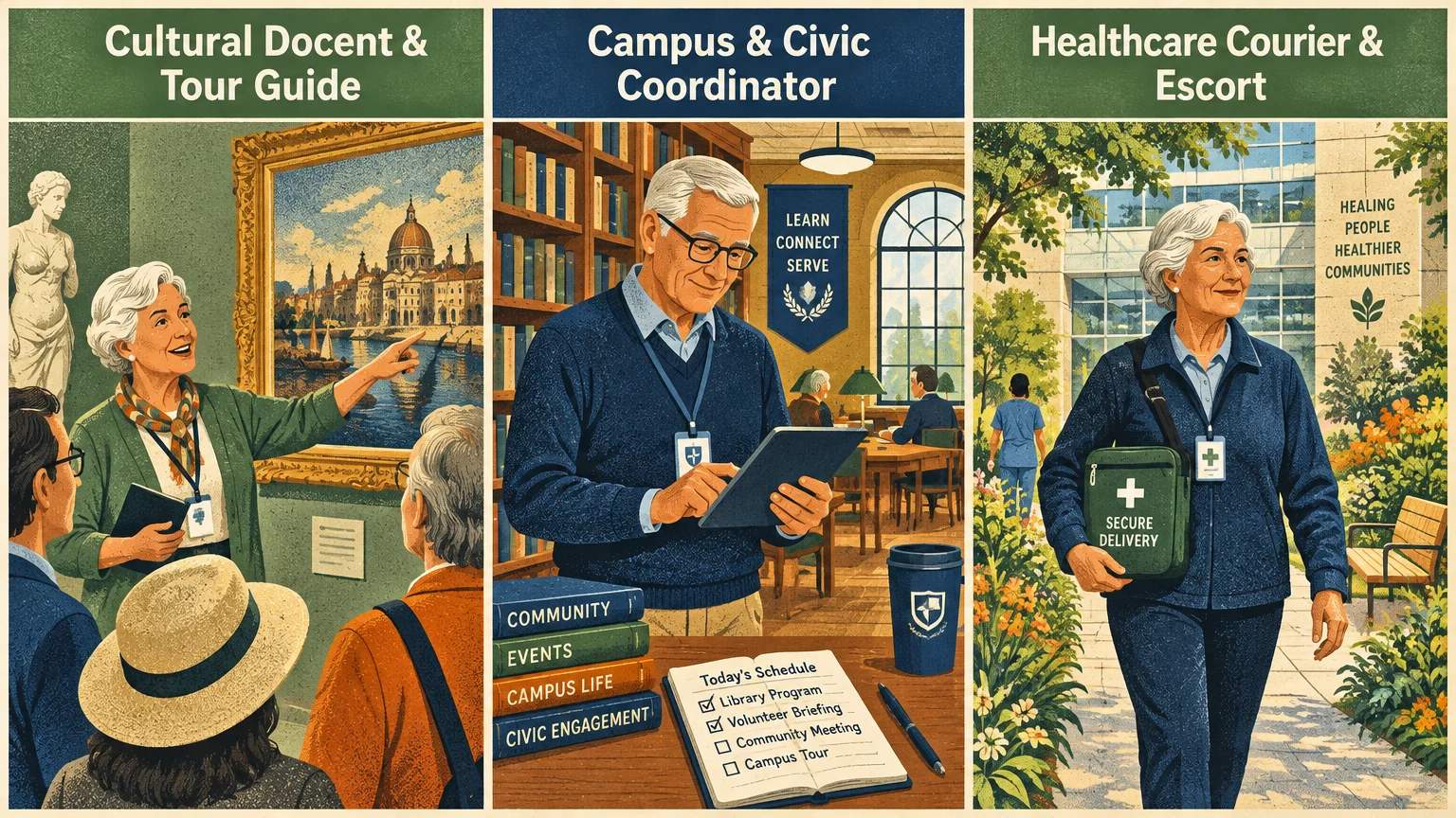 Three-panel screenprint illustration showing seniors working as a museum docent, campus coordinator, and healthcare courier.