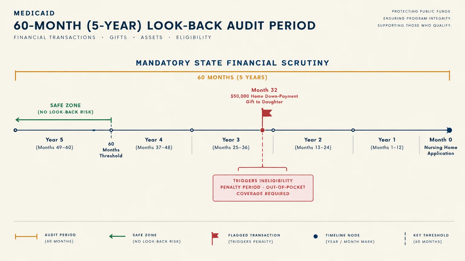 Timeline diagram of Medicaid's 60-month look-back period showing a flagged $50,000 gift triggering an ineligibility penalty.
