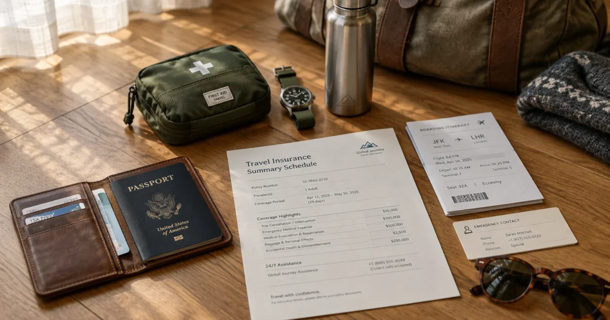 Travel insurance document, US passport, first aid kit, boarding pass, watch, water bottle, and sunglasses on a wooden floor.