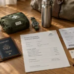 Travel insurance document, US passport, first aid kit, boarding pass, watch, water bottle, and sunglasses on a wooden floor.