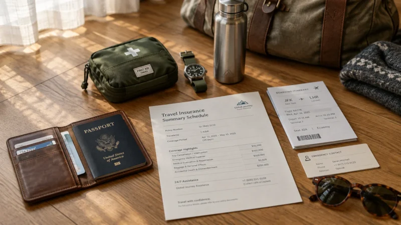 Travel insurance document, US passport, first aid kit, boarding pass, watch, water bottle, and sunglasses on a wooden floor.