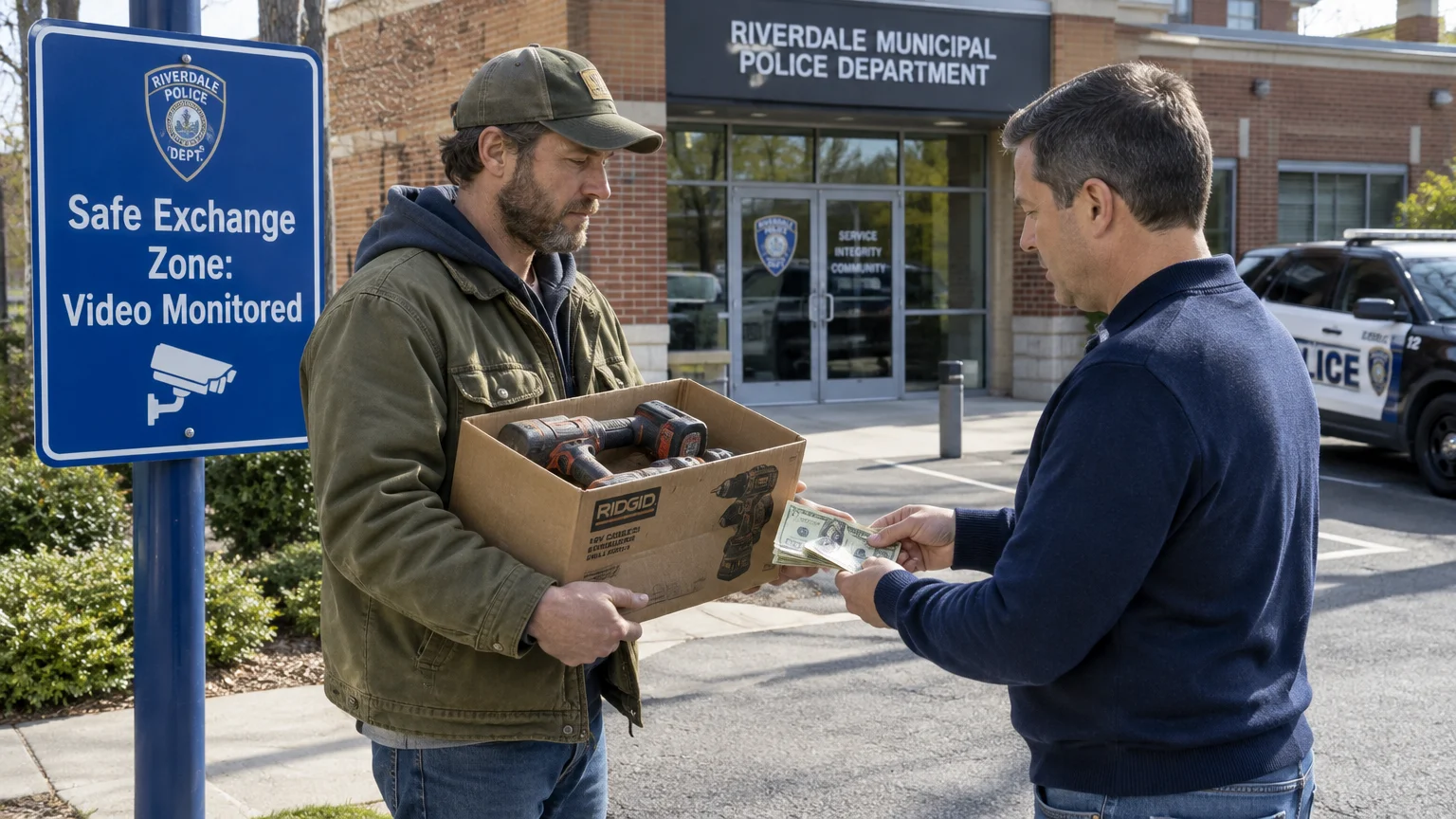 Two men exchange power tools in a box for cash beside a safe exchange zone sign outside a police station.