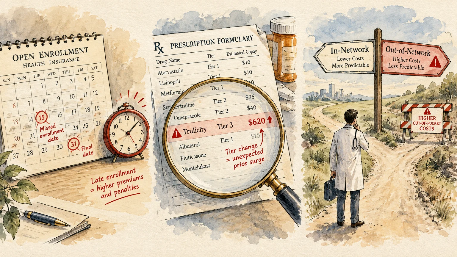 Illustration of an open enrollment calendar, a prescription formulary under a magnifying glass, and a doctor at a crossroads.