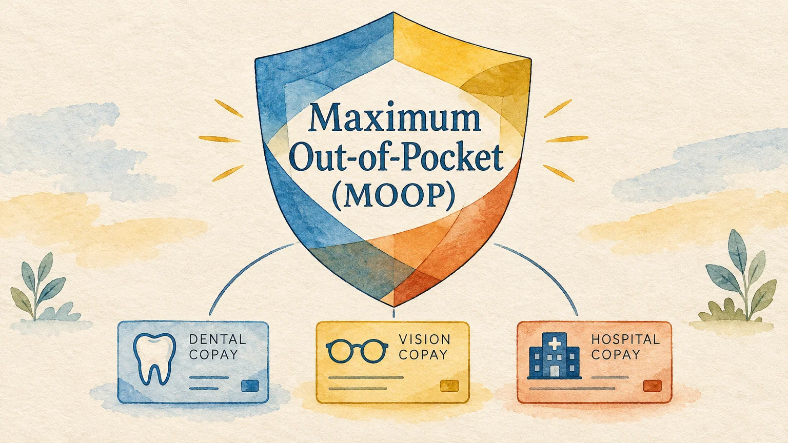 Watercolor shield labeled Maximum Out-of-Pocket MOOP above dental, vision, and hospital copay cards.