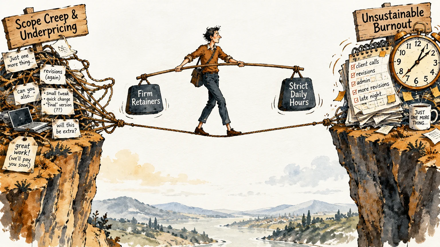 Illustration of a man tightrope-walking between cliffs labeled scope creep and burnout, balancing weights on a pole.