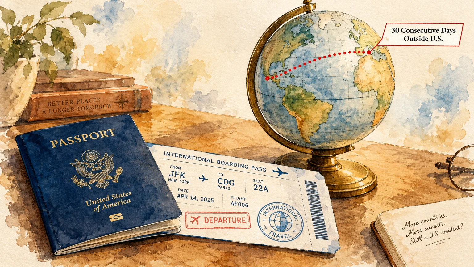 Watercolor illustration of a U.S. passport, boarding pass, and desk globe with a flight path marked to Europe.