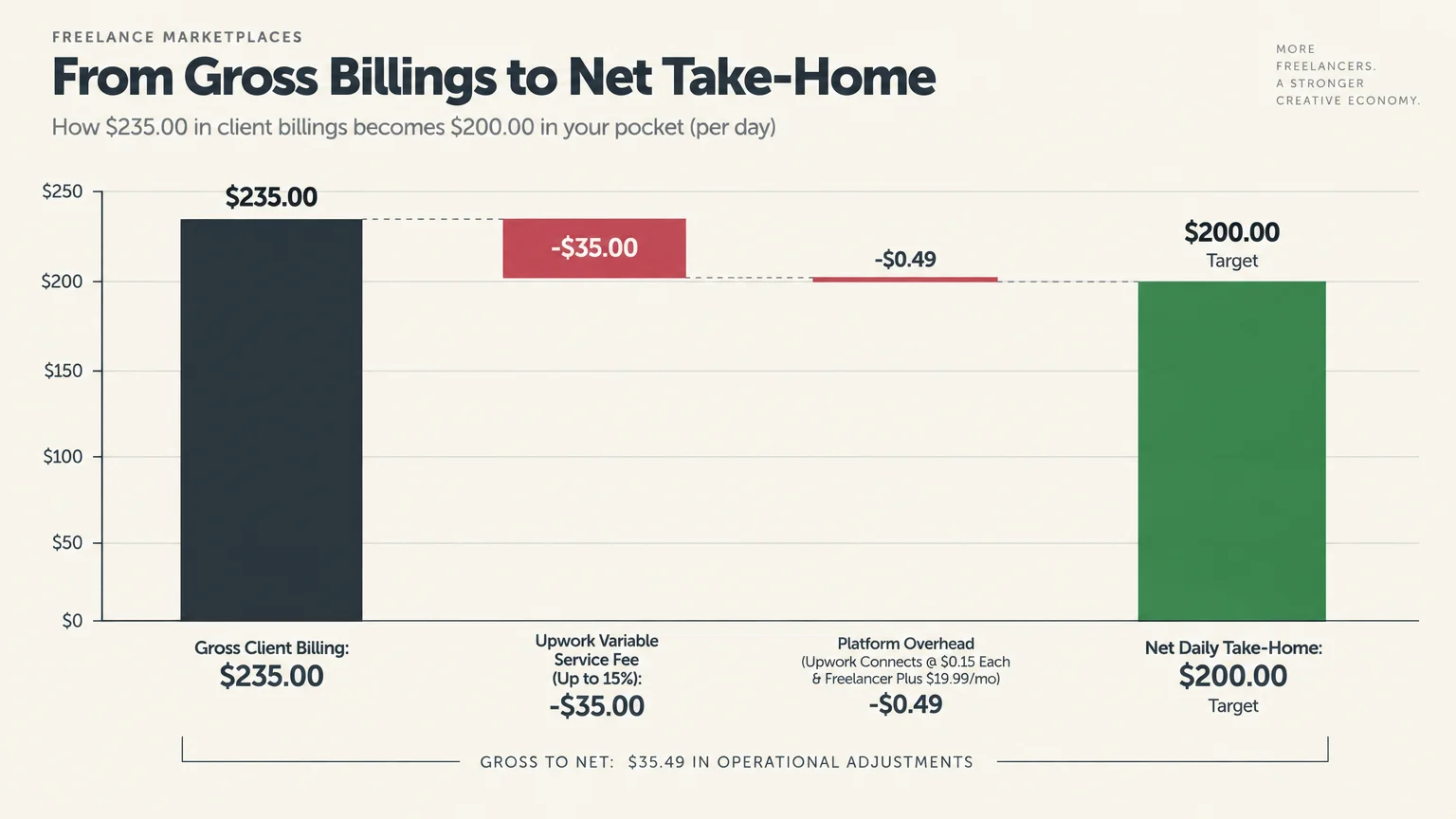 Waterfall chart showing how $235.00 in gross billings drops to a $200.00 net daily take-home after platform deductions.