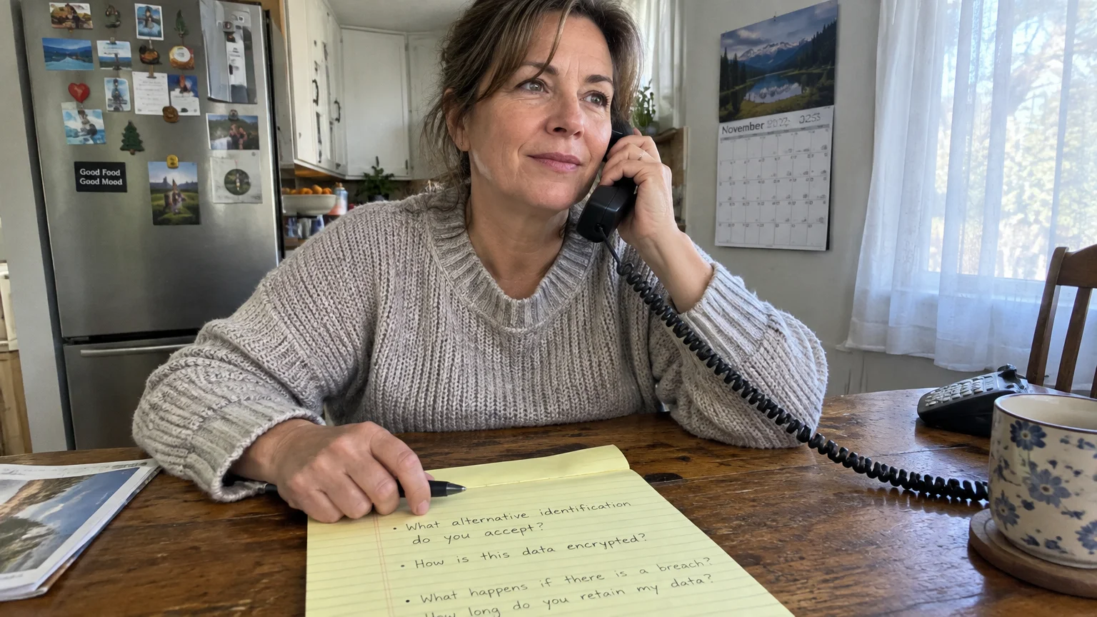 Woman sitting at a wooden table talking on a corded telephone with questions written on a yellow legal pad.
