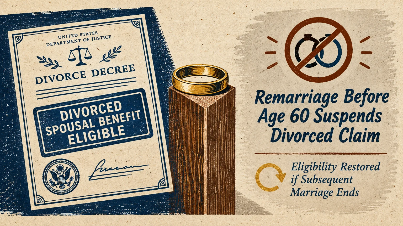 Illustration of a stamped divorce decree, a gold wedding ring on a wooden post, and crossed-out wedding rings with text.